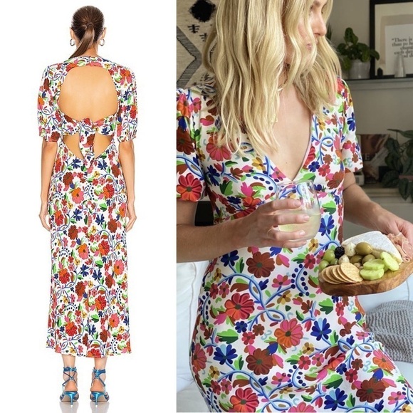 RIXO Floral Print Crepe Short Sleeve V-Neck Tied Cutout Open Back Midi Dress XS - Picture 10 of 16
